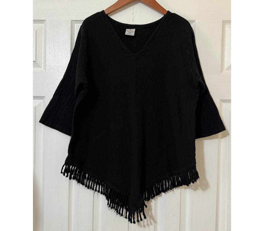 Sea Breeze of California 100% Cotton Fringe Top XL Black Crop Sleeve Boho USA